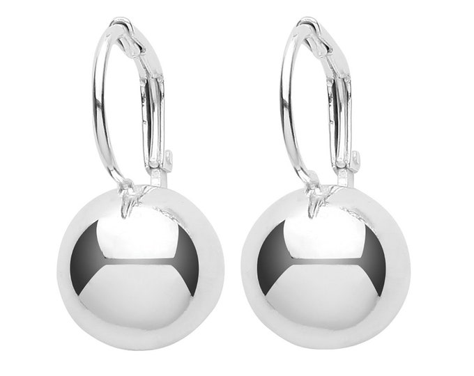 925 Sterling Silver 10mm Plain Polished Ball Drop Earrings