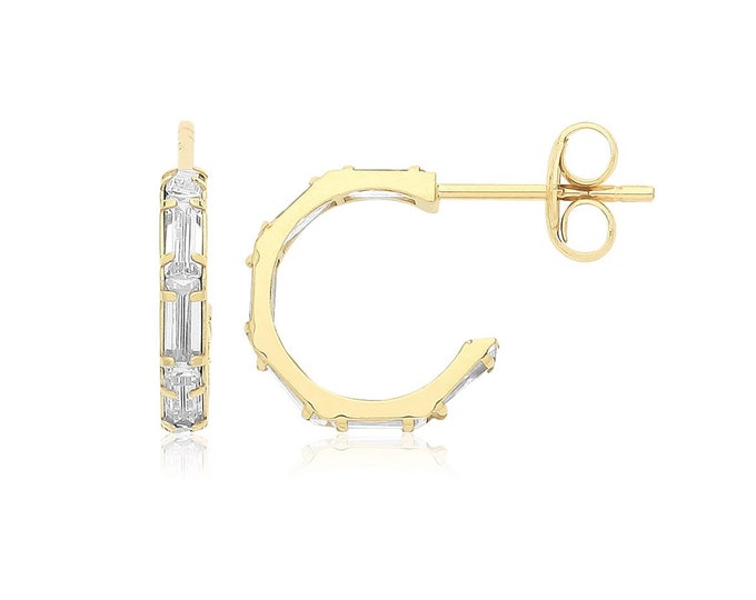 9ct Yellow Gold 10mm Diameter Half Hoop Baguette Cz Stud Earrings - Real 9K Gold