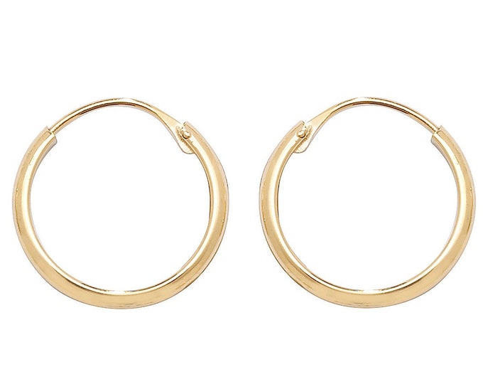 9ct Yellow Gold 12mm Diameter Hinged Threader Sleeper Hoop Earrings - Real 9K Gold