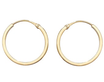 9ct Yellow Gold 12mm Diameter Hinged Threader Sleeper Flat Hoop Earrings - Real 9K Gold