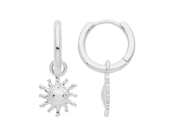 925 Sterling Silver 10mm Hinged Hoop Earrings With Sun Drop Charm Rhodium Plated