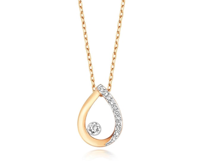 9ct Gold 0.06ct Diamond Pear Drop Pendant on 17" Necklace - Rose Yellow White Gold - Real 9K Gold