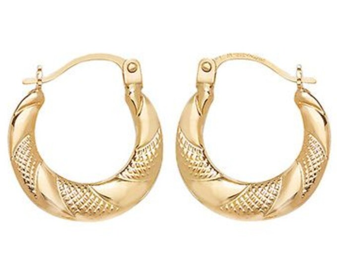 9ct Yellow Gold Diamond Cut Patterned 18mm Creole Hoop Earrings - Real 9K Gold