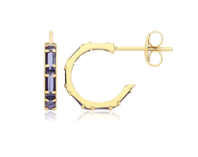 9ct Yellow Gold 10mm Diameter Half Hoop Blue Sapphire Baguette Cz Stud Earrings - Real 9K Gold