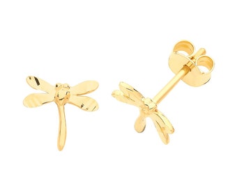 Dainty 9ct Yellow Gold Plain Polished Dragonfly Insect Stud Earrings - Real 9K Gold