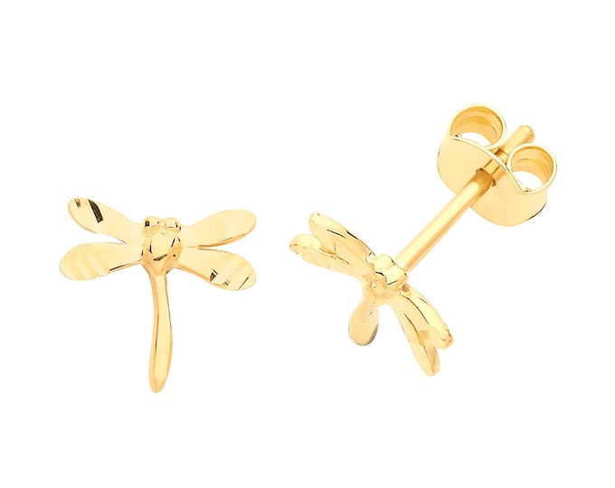 Dainty 9ct Yellow Gold Plain Polished Dragonfly Insect Stud Earrings - Real 9K Gold