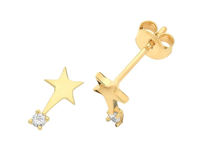 Tiny 9ct Yellow Gold 6x3mm Cz Shooting Star Stud Earrings- Real 9K Gold