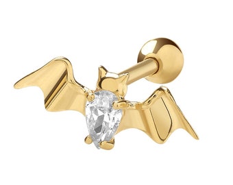 9ct Yellow Gold Flying Bat Cz Cartilage 6mm Post Screw Back Single Stud Earring - Real 9K Gold