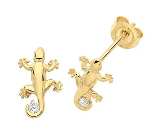 Contemporary 9ct Yellow Gold Cz Gecko Lizard Stud Earrings 8x5mm - Real 9K Gold