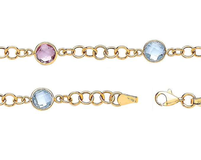 Real Amethyst & Blue Topaz 9ct Yellow Gold 7" Link Bracelet Hallmarked - Real 9K Gold