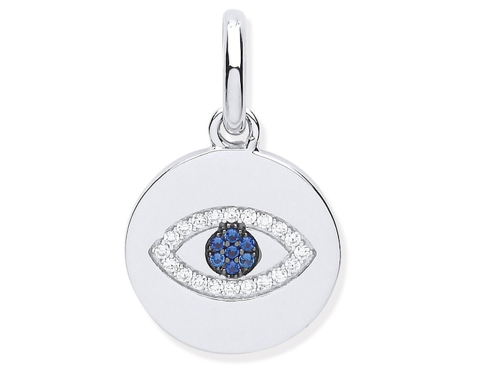 925 Sterling Silver Pave Cz  Blue Evil Eye 14mm Round Disc Pendant