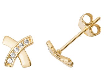 9ct Yellow Gold Pave Cz Kiss Cross Stud Earrings 5x5mm- Real 9K Gold