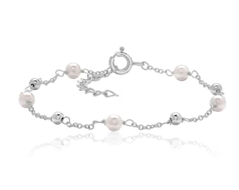 Ladies Pearl Chain 7" Bracelet Rhodium Plated 925 Sterling Silver