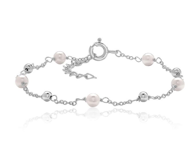 Ladies Pearl Chain 7" Bracelet Rhodium Plated 925 Sterling Silver