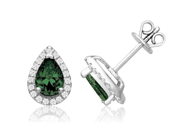 Rhodium Plated 925 Sterling Silver Emerald Green Cz Teardrop Cluster Stud Earrings