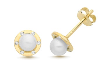 9ct Yellow Gold 6mm Diameter Freshwater Pearl & Cz Stud Earrings - Real 9K Gold
