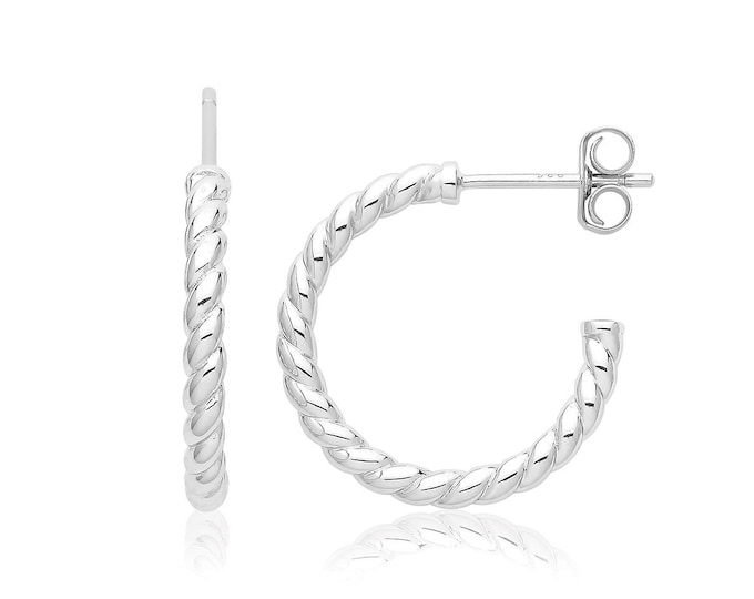 Modern 925 Sterling Silver 14mm Twist Hoop Earrings Rhodium Plated