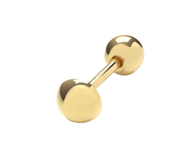 9ct Yellow Gold 4mm Button Barbell Cartilage 6mm Bar Single Stud Screw Back Earring - Real 9K Gold