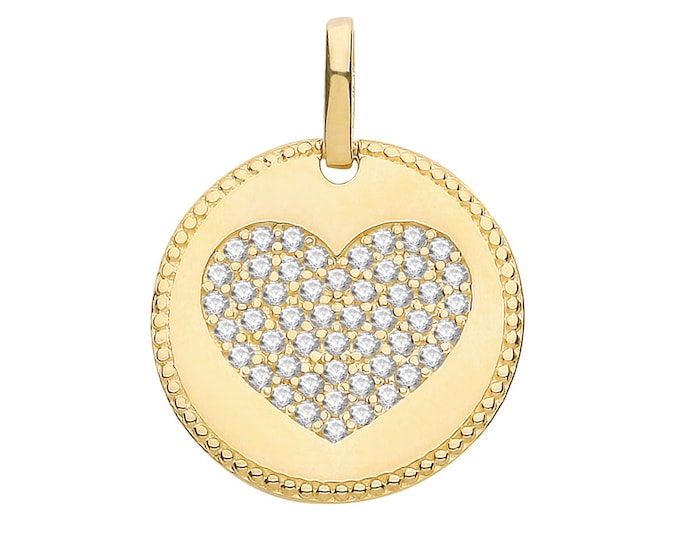 9ct Yellow Gold 12mm Round Disc Pave Heart Cz Charm Pendant Hallmarked - Solid 9K Gold