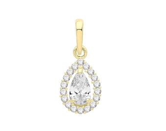 9ct Yellow Gold Pear Cut Cz Halo Cluster Set 9x6mm Charm Pendant - Real 9K Gold