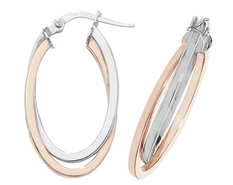 9ct Bi Colour Rose & White Gold 20x14mm Flat Interlocked Double Oval Hoop Earrings - Real 9K Gold
