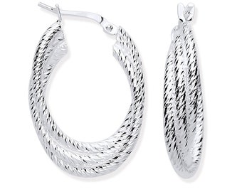 925 Sterling Silver Ribbed 3 Row Oval Hoop Earrings 29x20mm