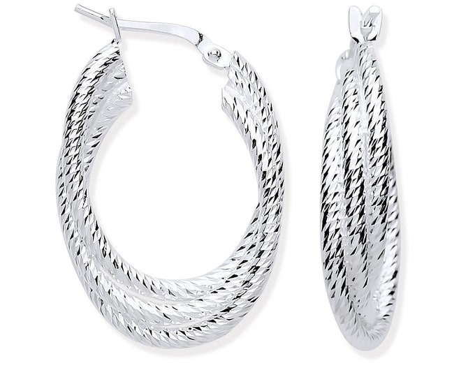 925 Sterling Silver Ribbed 3 Row Oval Hoop Earrings 29x20mm