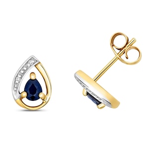 9ct Yellow Gold & Diamond 7x5mm Pear Cut 0.33ct Blue Sapphire Stud Earrings - Real 9K Gold