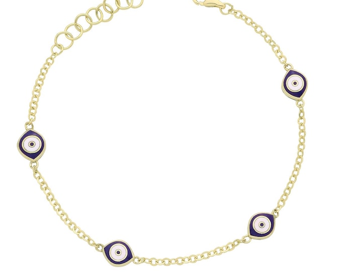 Ladies 9ct Yellow Gold Blue & White Enamel Evil Eye 7.5" Bracelet Hallmarked - Solid 9K Gold
