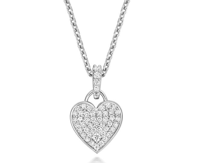 Sterling Silver & Lab Grown Pave Set 0.26ct Diamond Heart Charm 17" Necklace