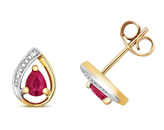 9ct Yellow Gold & Diamond 7x5mm Pear Cut 0.33ct Red Ruby Stud Earrings - Real 9K Gold