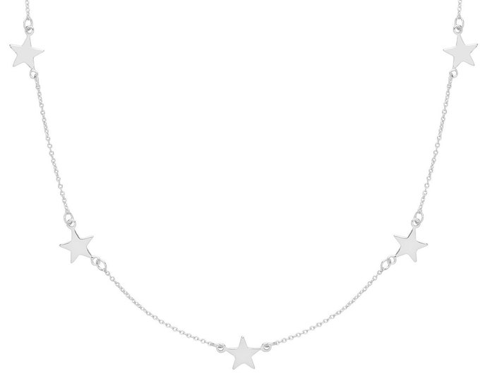 Five Star Constellation Charm Link Chain 16"-18" Necklace Rhodium Plated 925 Silver