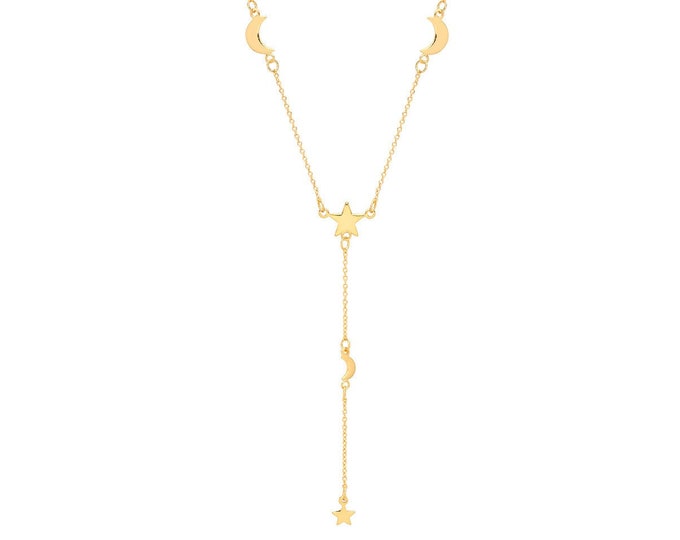 Interstellar Moon & Star Link Charm 16"-18" Lariat Necklace Yellow Gold Plated 925 Silver