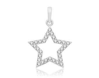 9ct White Gold Cz Pave Set 12mm Open Star Design Charm Pendant - Real 9K Gold