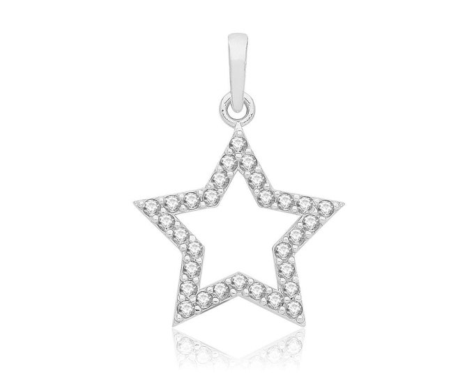 9ct White Gold Cz Pave Set 12mm Open Star Design Charm Pendant - Real 9K Gold