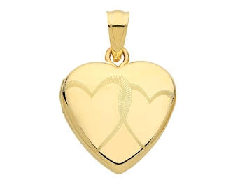 9ct Yellow Gold 16mm Two Entwined Hearts Engraved 2 Photo Heart Locket Hallmarked - Real 9K Gold