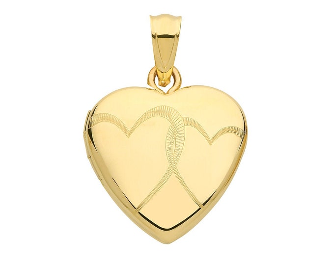 9ct Yellow Gold 16mm Two Entwined Hearts Engraved 2 Photo Heart Locket Hallmarked - Real 9K Gold