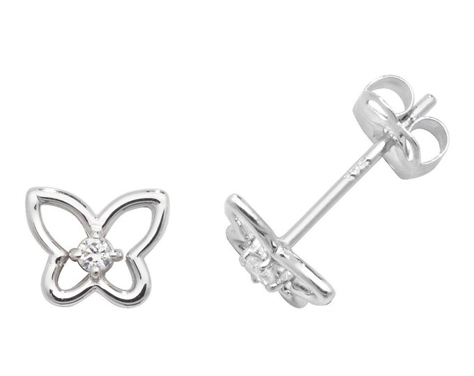 Small 9ct White Gold Cz 5x4mm Butterfly Stud Earrings- Real 9K Gold