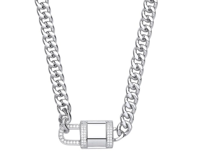 925 Sterling Silver Cz Padlock Choker 16"- 17" Curb Chain Necklace Hallmarked