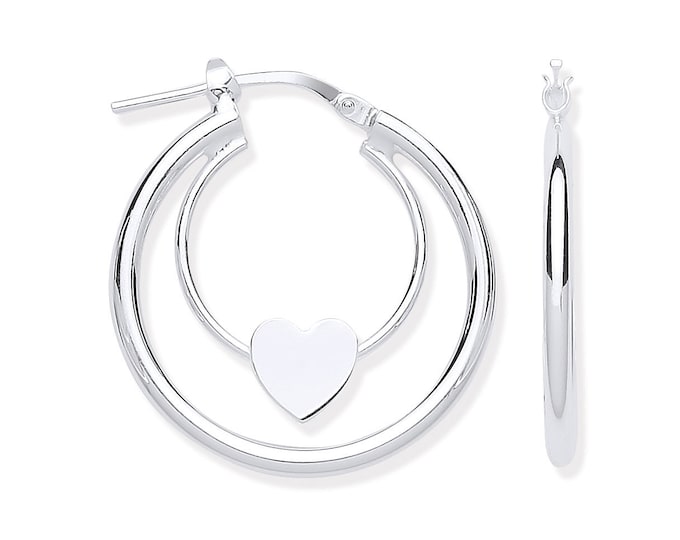 925 Sterling Silver 25mm Double Tube Heart Hoop Earrings