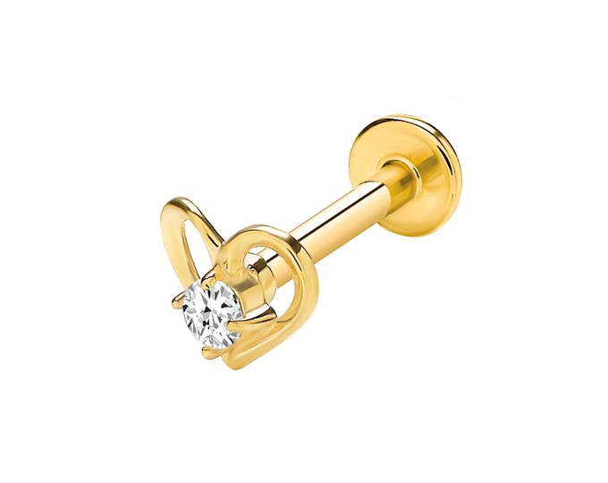 SINGLE 9K Gold Cz Heart Cartilage on 6mm Labret Bar
