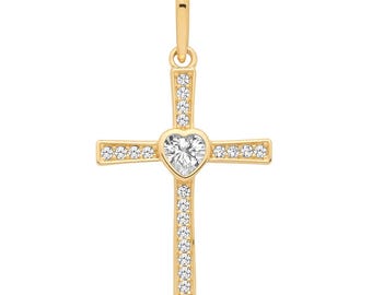 Modern 9ct Yellow Gold 24x12mm Pave Cz Cross With Heart Shaped Central Stone - Real 9K Gold