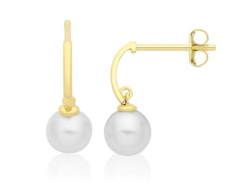 9ct Yellow Gold Freshwater Pearl Half Hoop 13mm Drop Earrings - Real 9K Gold