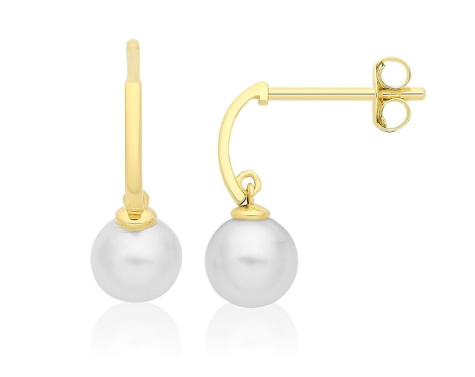 9ct Yellow Gold Freshwater Pearl Half Hoop 13mm Drop Earrings - Real 9K Gold