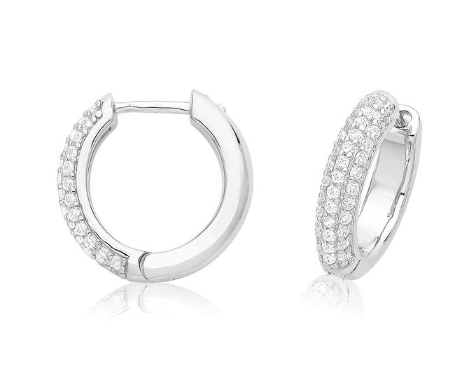 925 Sterling Silver 10mm Diameter Pave Set Cz Hinged Huggies Hoop Earrings Rhodium Plated