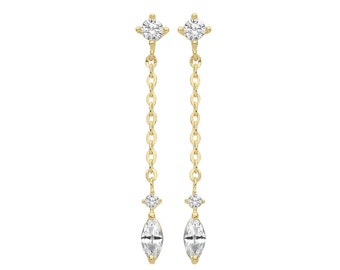 9ct Yellow Gold Marquise Cz 2cm Chain Drop Earrings - Real 9K Gold