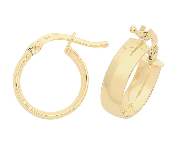 9ct Yellow Gold Plain Polished 4mm Wide Hoop Earrings - Real 9K Gold