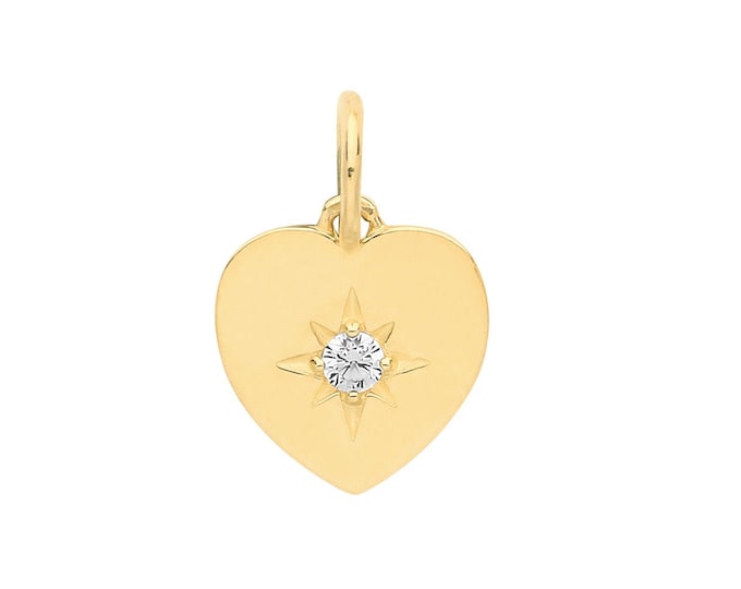 Small 9ct Yellow Gold 8mm Cz Heart Tag Charm Pendant - Solid 9K Gold