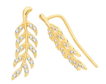 9ct Yellow Gold 18mm  Cz Leaf Climber Threader Earrings - Real 9K Gold