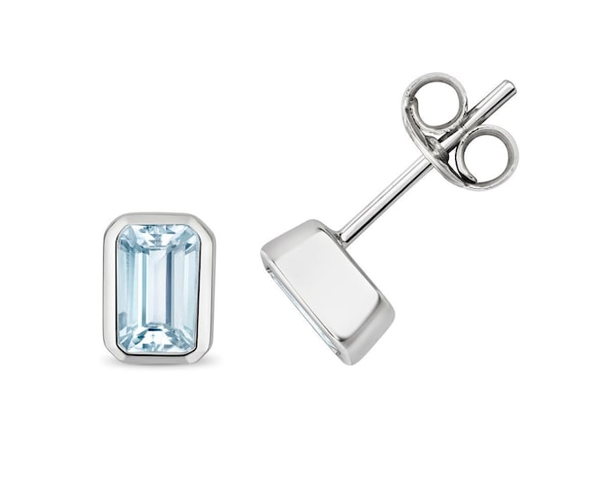 9ct White Gold Emerald Cut 6x4mm Blue Aquamarine Gemstone Stud Earrings - Real 9K Gold